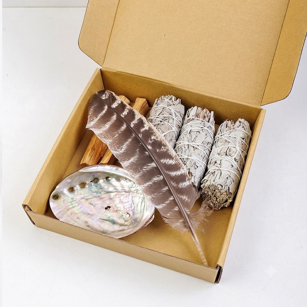Kit Completo de Defumação & Purificação Energética – Sálvia Branca, Palo Santo & Concha Abalone